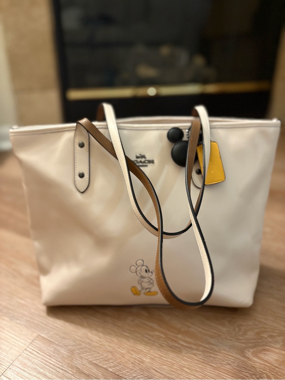 Coach Cream Canvas Mickey Tote with Yellow Tag